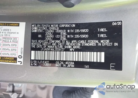 2020 Lexus Rx 350L из США, поврежденный, VIN JTJHZKFA6L2026127